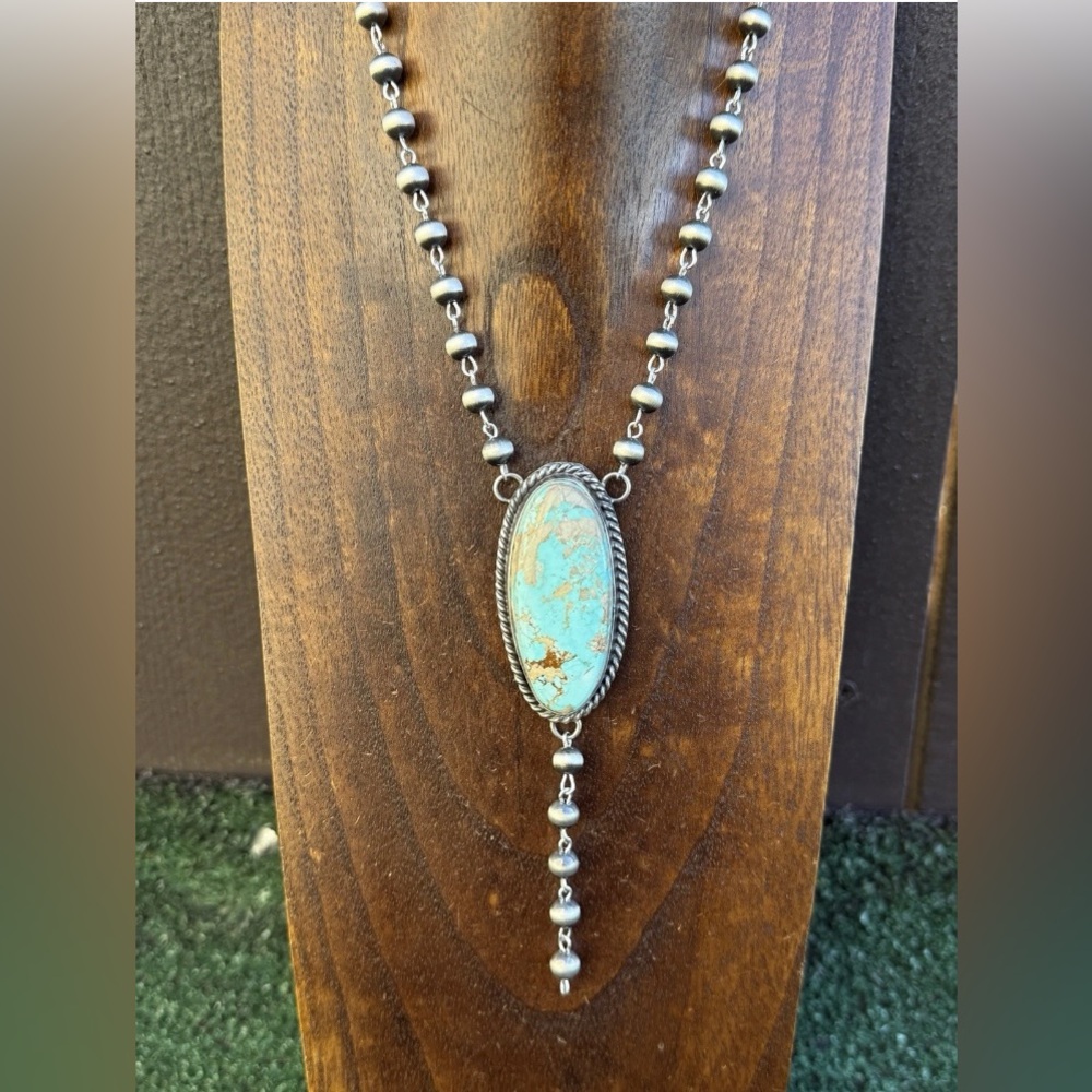 Navajo 925 Sterling Silver Royston Turquoise Pendant Rosary Necklace. 20 Inch KY